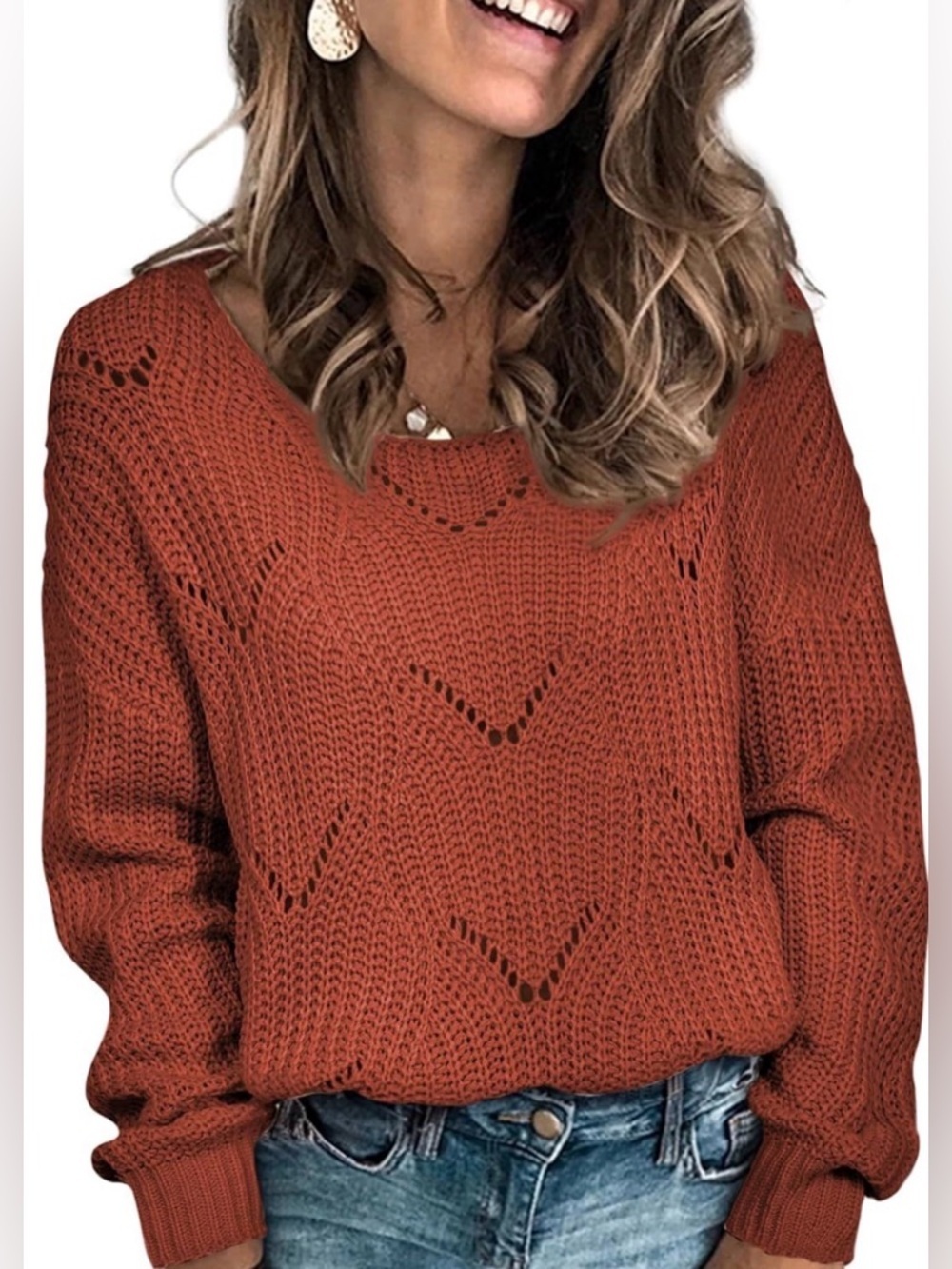 NWT Women’s Rust Orange Soft Open-Knit Pullover Sweater sz L Dropped Shoulder